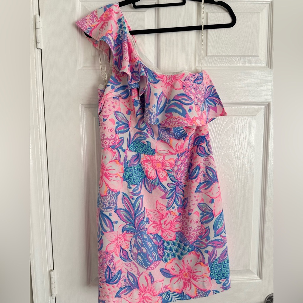 Lilly Pulitzer Pink and Orange Asymmetrical Ruffled Sundress (romper) size 10